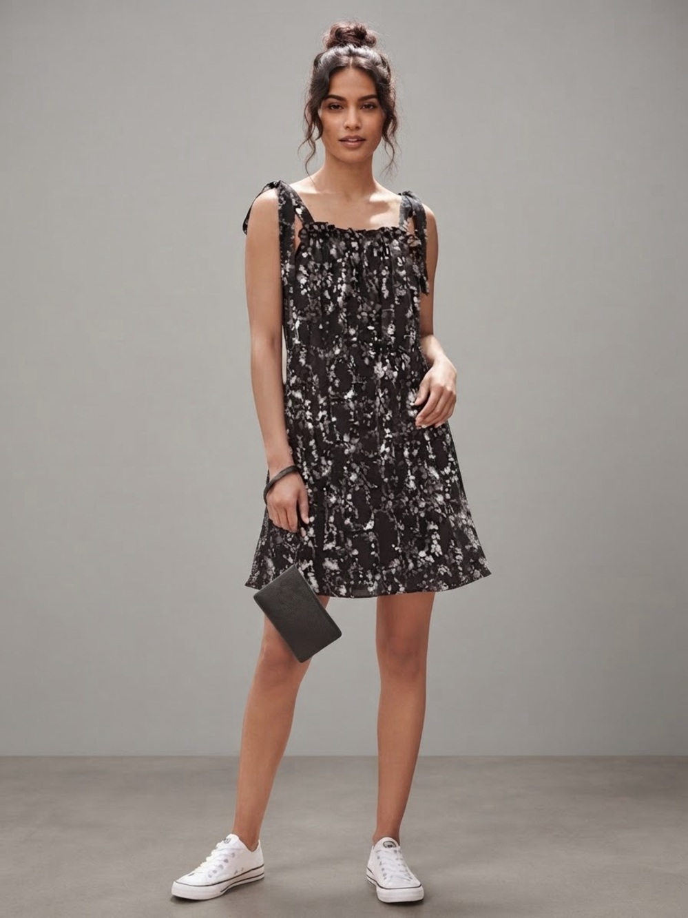 Tiered Floral Mini Black & White Dress